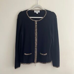 Casual Corner Annex Cardigan Leopard Cheetah Black Fall L Double Zipper Y2k Fran